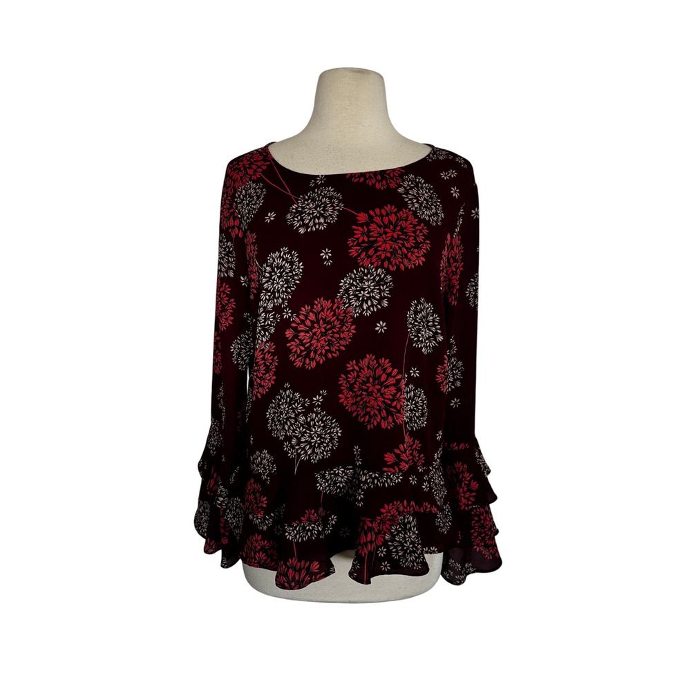 a.n.a Womens Burgundy Floral Tiered Bell Sleeve Ruffle Peplum Blouse Size M